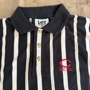 Vintage Lee Sport Cincinnati Reds Polo Shirt Men Large Black Vertical Stripe